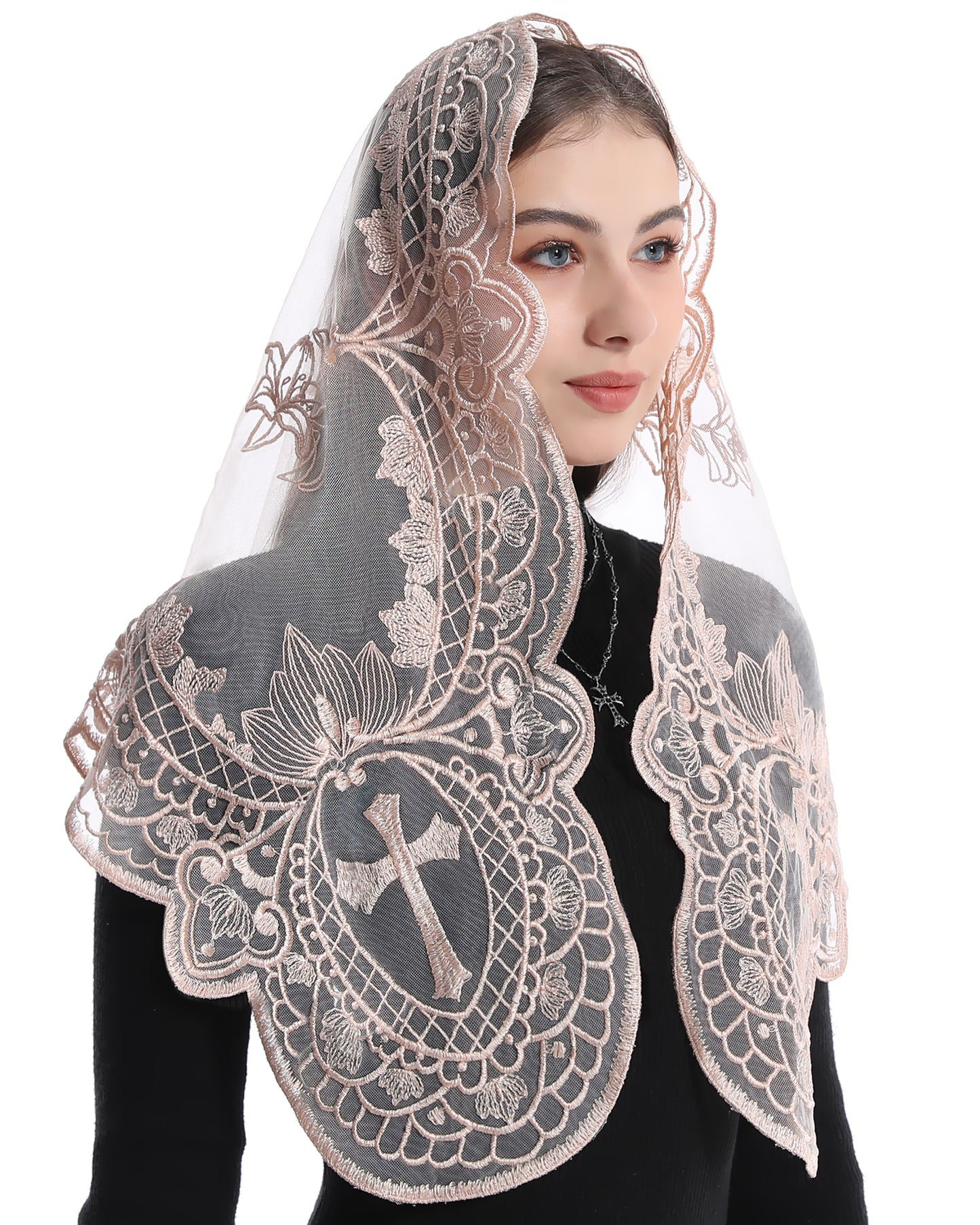 BOZIDOL White Triangle Veil -Lace Mantilla Catholic Church Chapel Veil Head Covering Latin Mass For Women