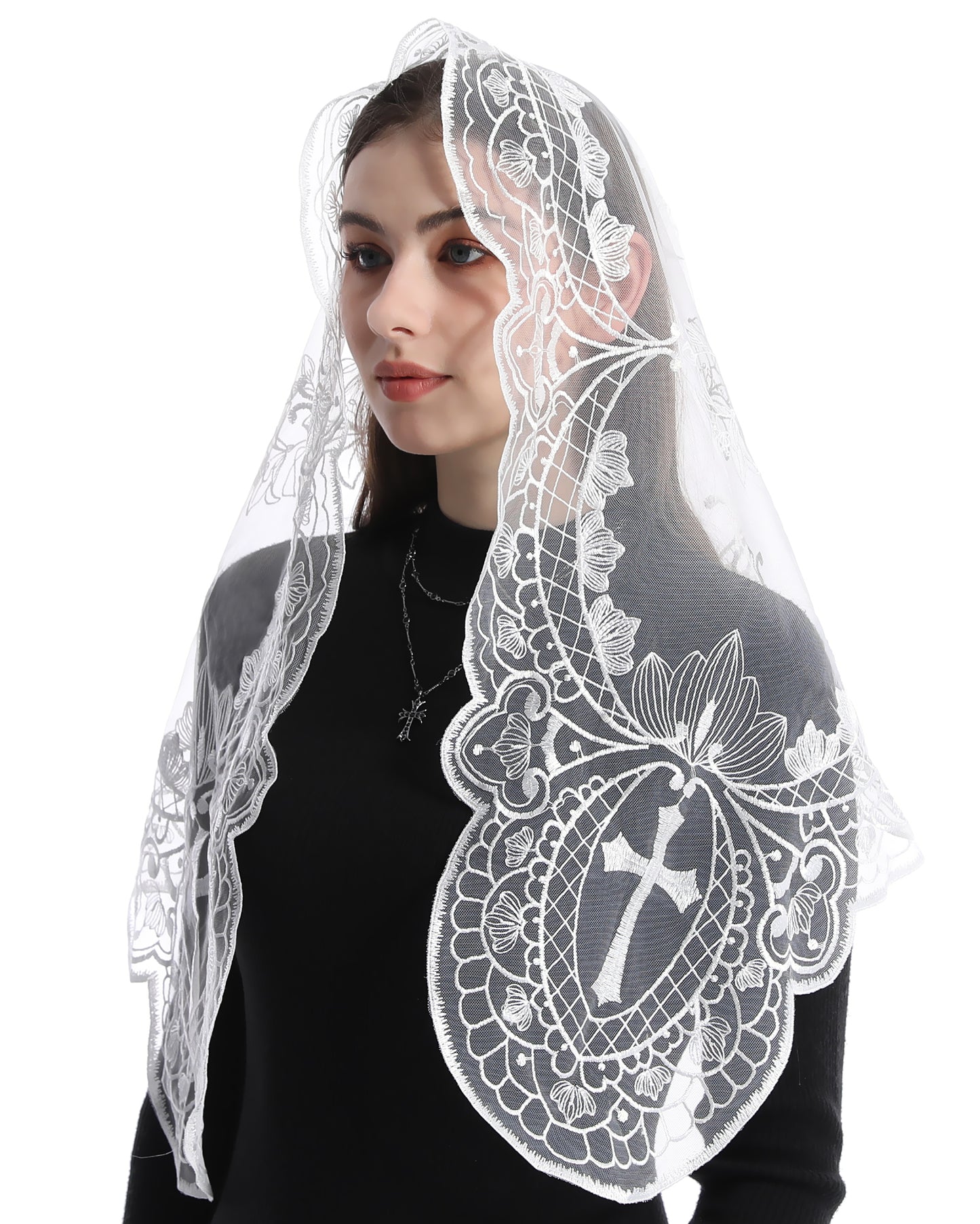 BOZIDOL White Triangle Veil -Lace Mantilla Catholic Church Chapel Veil Head Covering Latin Mass For Women