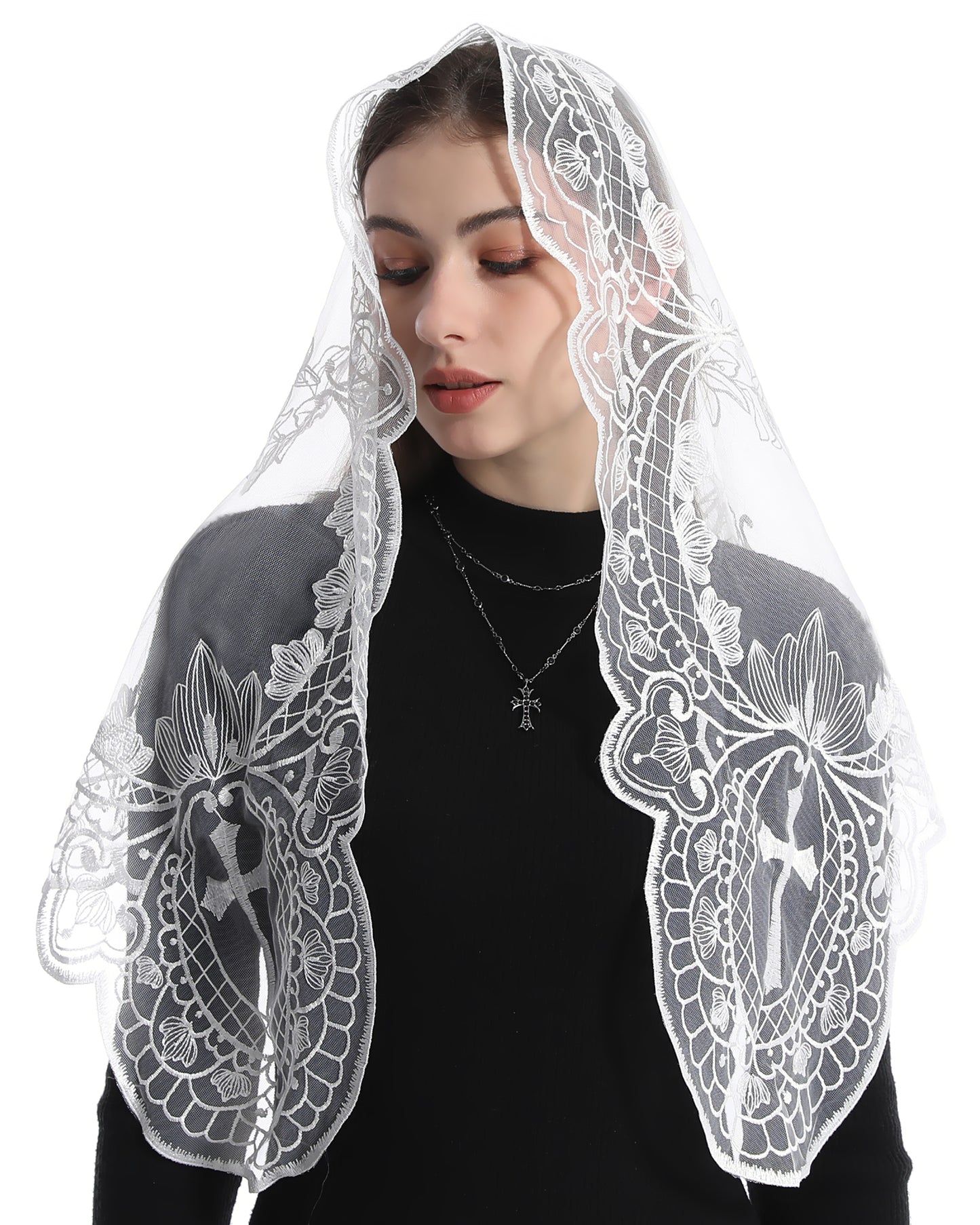 BOZIDOL White Triangle Veil -Lace Mantilla Catholic Church Chapel Veil Head Covering Latin Mass For Women