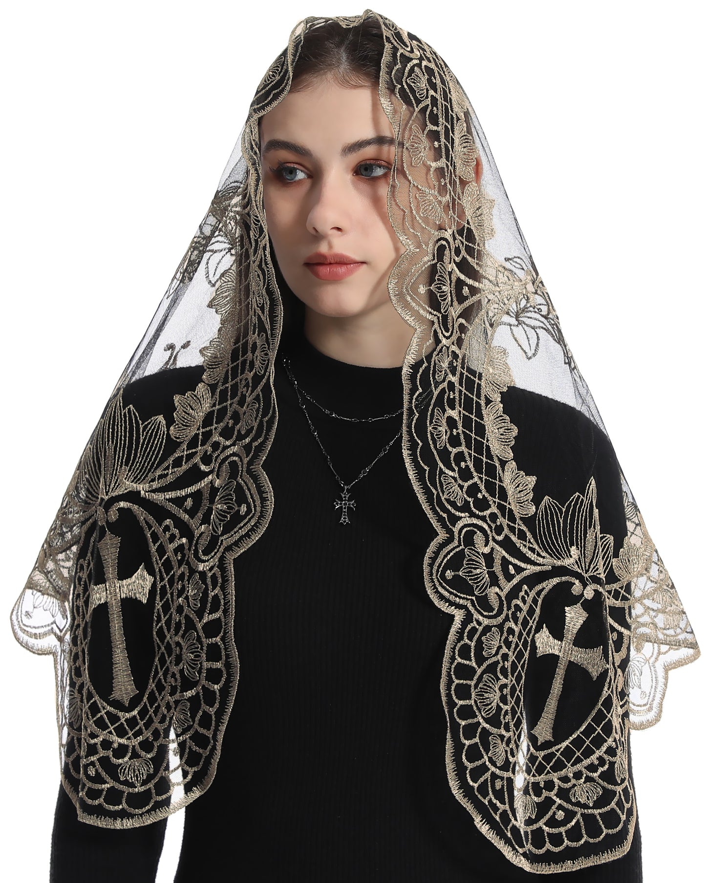 BOZIDOL White Triangle Veil -Lace Mantilla Catholic Church Chapel Veil Head Covering Latin Mass For Women