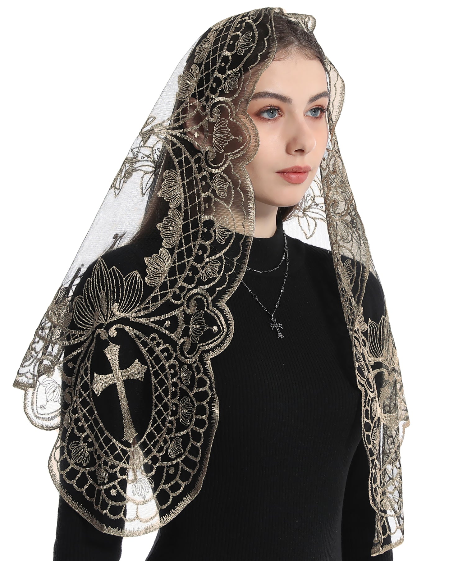 BOZIDOL White Triangle Veil -Lace Mantilla Catholic Church Chapel Veil Head Covering Latin Mass For Women