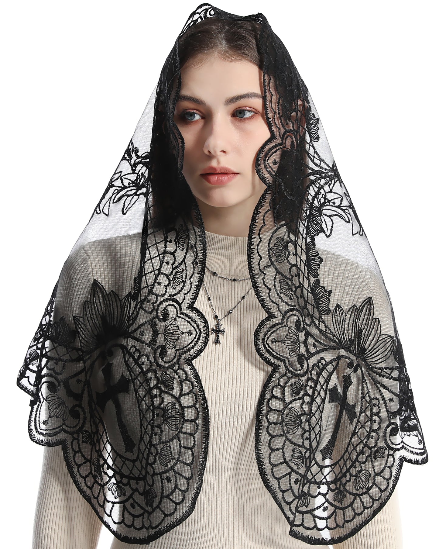 BOZIDOL White Triangle Veil -Lace Mantilla Catholic Church Chapel Veil Head Covering Latin Mass For Women