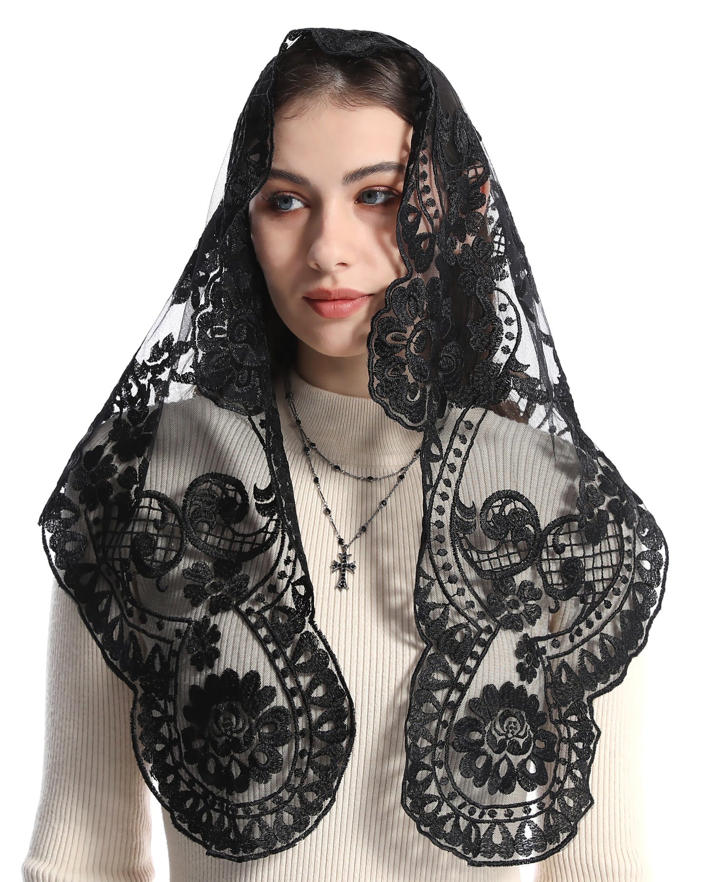 BOZIDOL Triangle Chapel Veil -Spanish Lace Floral Mantilla Veils Wrap Shawl Mass Head Covering