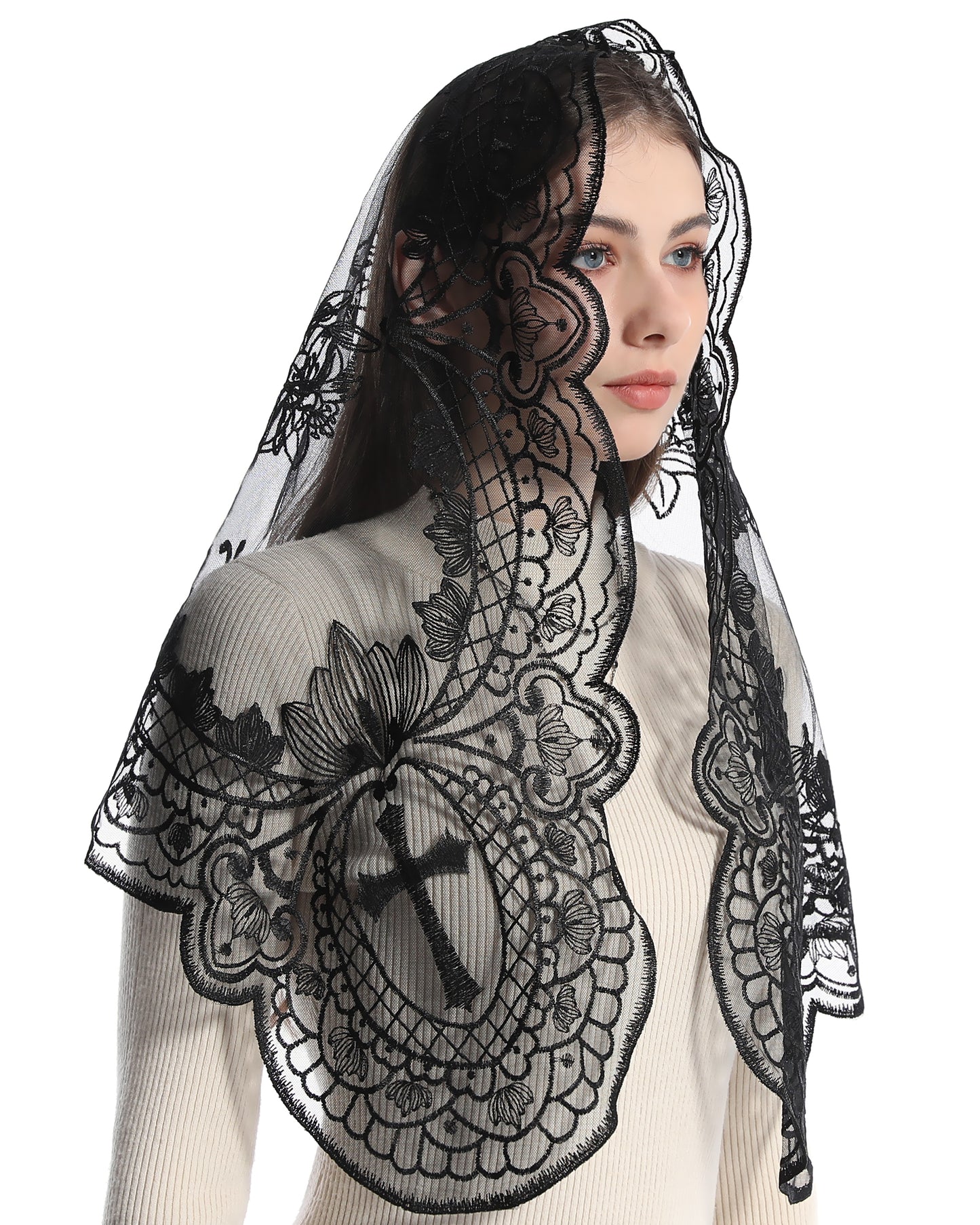 BOZIDOL White Triangle Veil -Lace Mantilla Catholic Church Chapel Veil Head Covering Latin Mass For Women