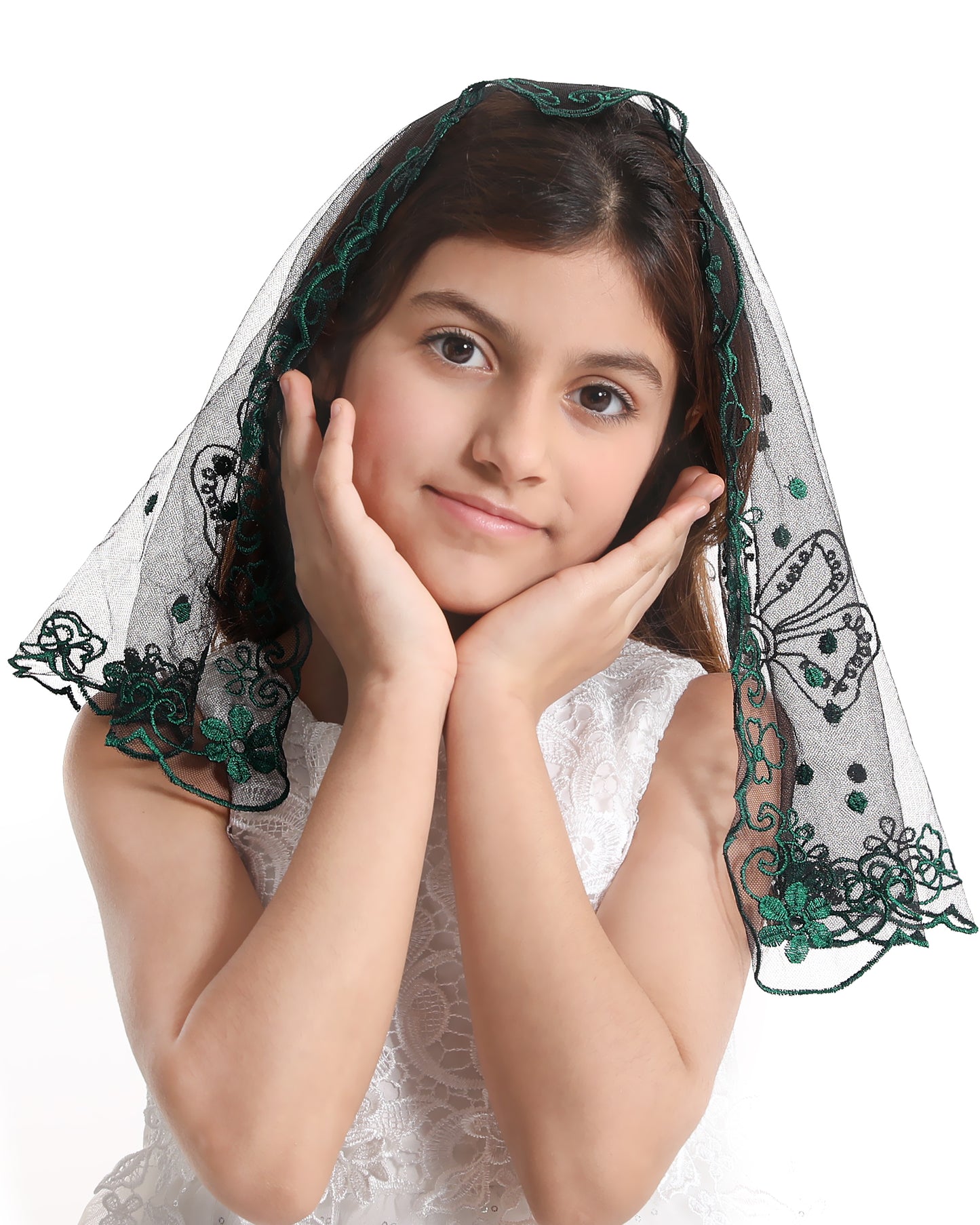 Bozidol Girls Catholic Veil Church Baptism Head Covering Chapel Lace First Communion Veil for Kid (Green)