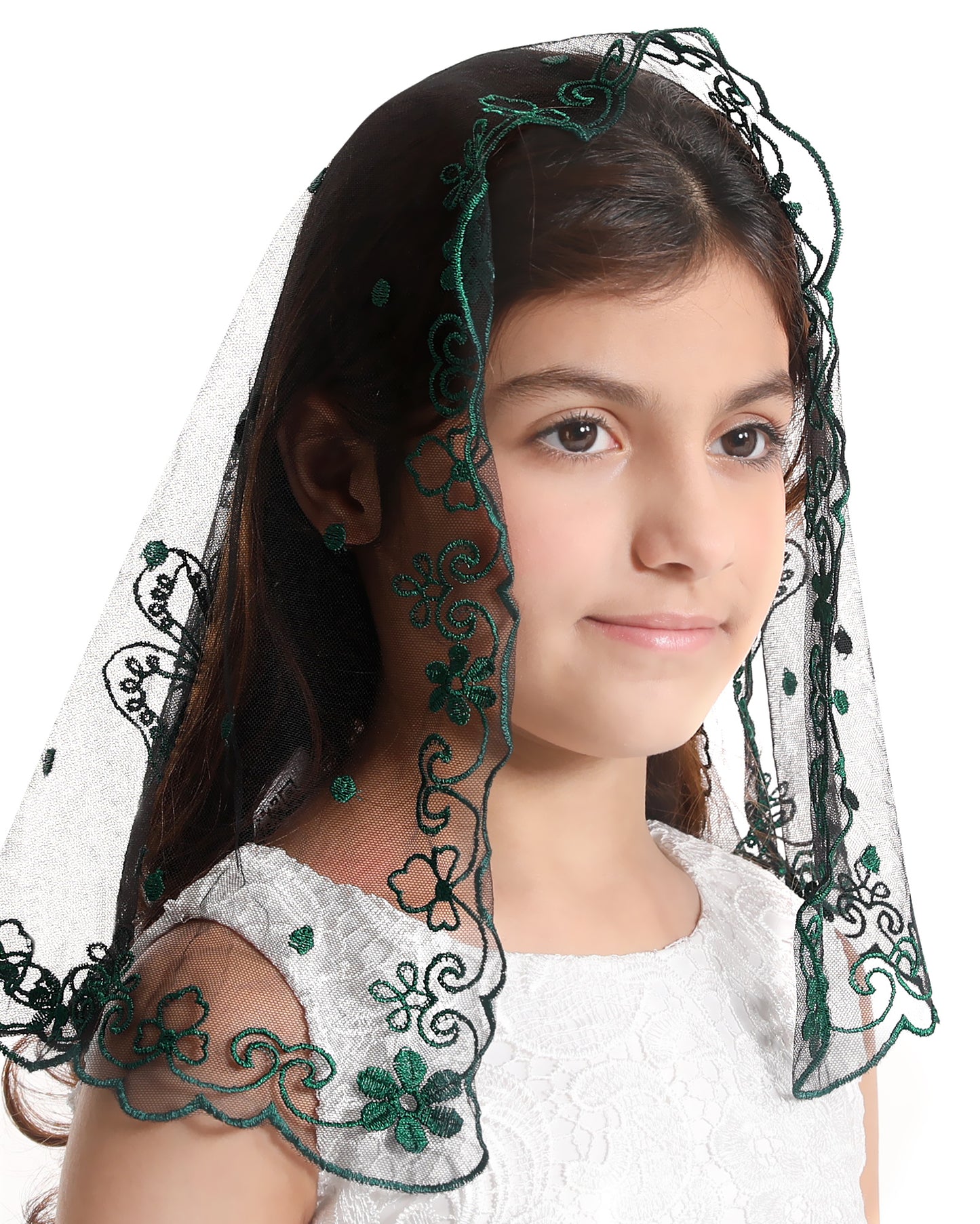 Bozidol Girls Catholic Veil Church Baptism Head Covering Chapel Lace First Communion Veil for Kid (Green)