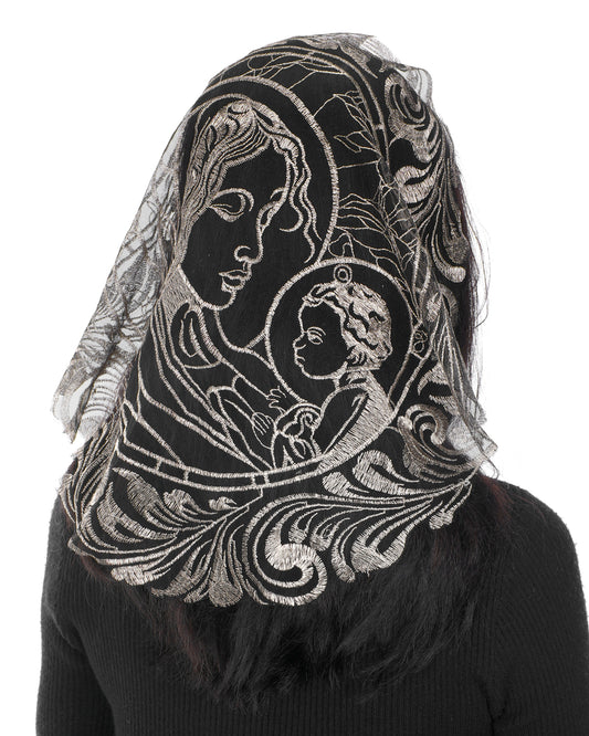 Bozidol Christian Virgin and Child Lace Veil - Embroidered With The Christian Virgin and Child in the Middle Surrounded by Matterns Surround Qin Bo Soft Lace Veil