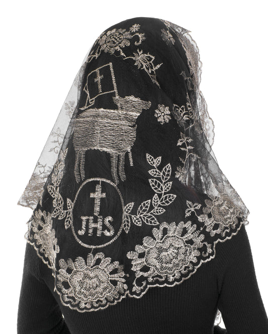 Bozidol Embroidered Church Triangle Veil - Embroidered Shepherds Bouquet Combined With Catholic Church Triangle Lace Veil