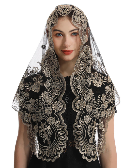 Bozidol Lace Triangle Church Veil - Madonna Camellia Embroidered Head Covering Chapel Veil for women
