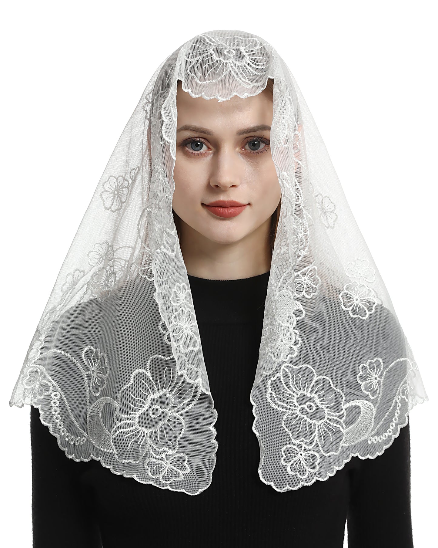Bozidol Church Veil Lace Mantilla - D Shape Virgin Mary Embroidery Head Covering Spanish Catholic Mass Veil for Women