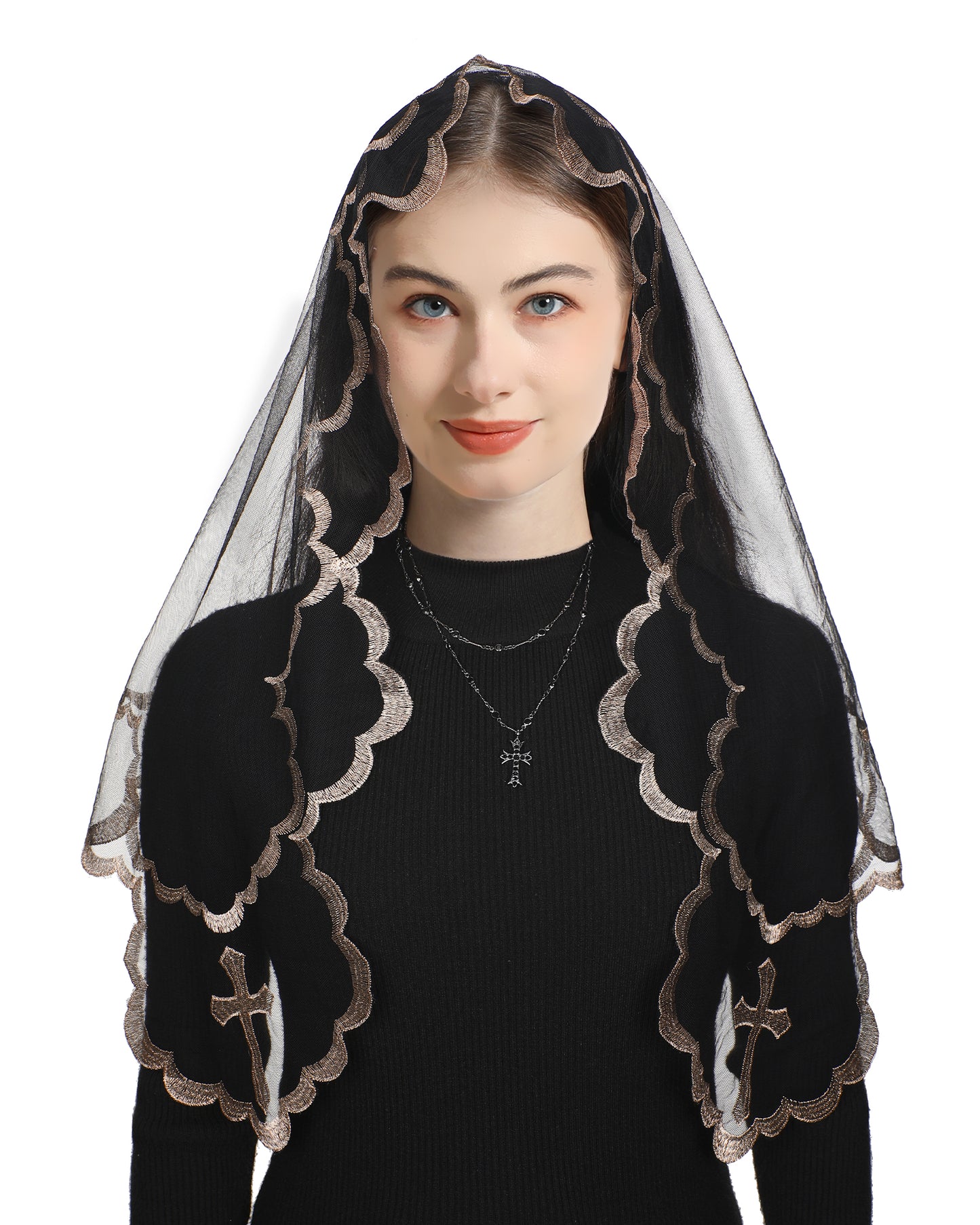 Bozidol Triangular Madonna Cross Women's Veil - Christian Church San Juan De Los Lagos Our Lady of the Cross Embroidered Triangular Lace Veil for Women