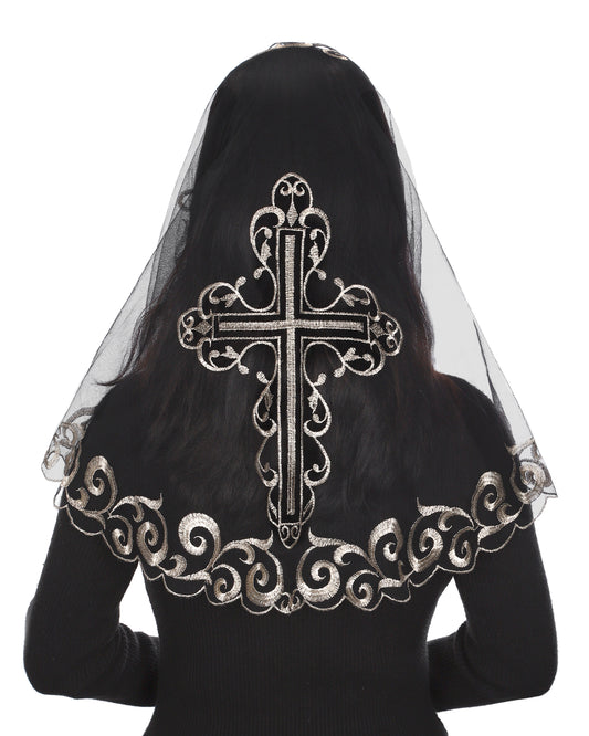 Bozidol Church Veil Catholic Mass Headband - Cross Embroidery Lace D Shape Headpiece Floral Church Veil
