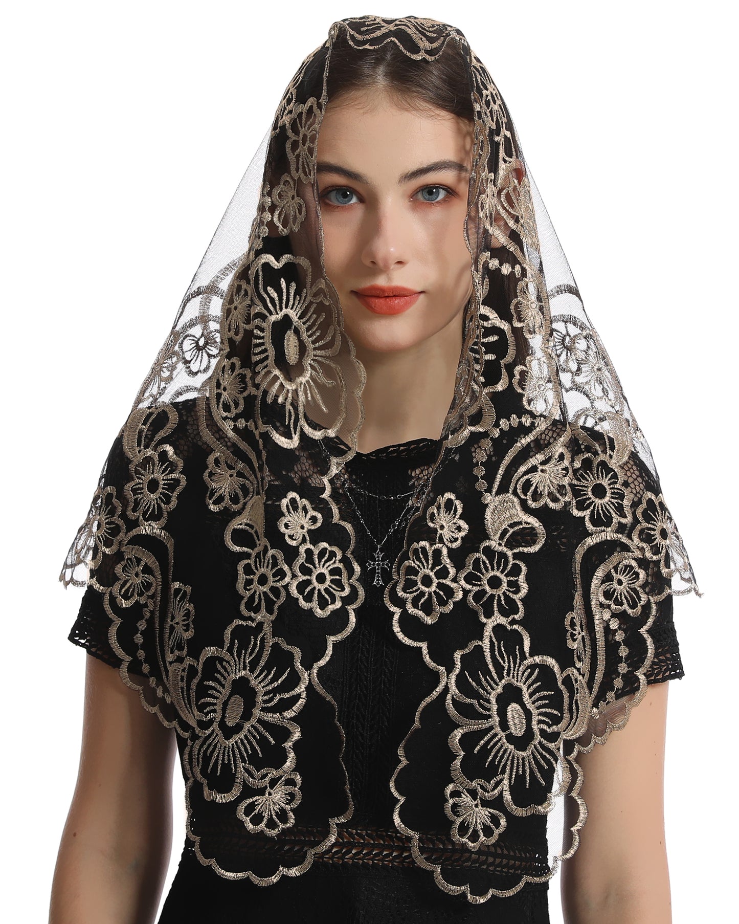 Bozidol Lace Triangle Church Veil - Madonna Camellia Embroidered Head Covering Chapel Veil for women