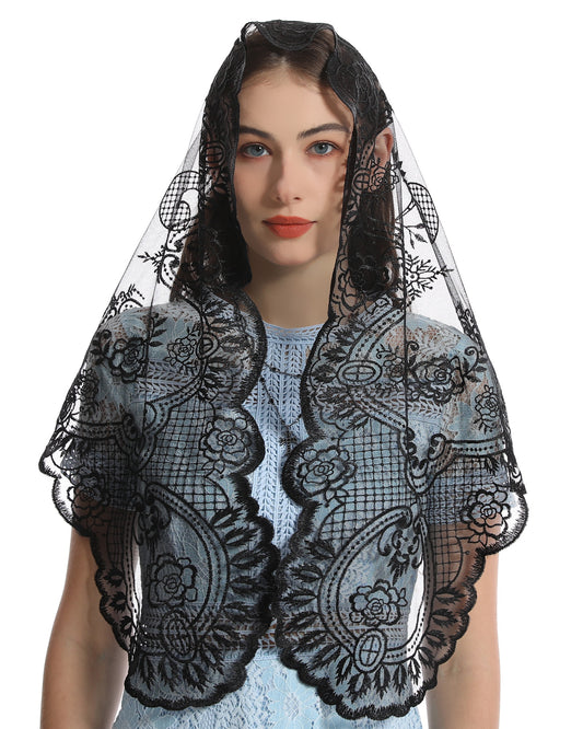 BOZIDOL Church Veil Lace Mantilla - Triangle Virgin Mary Head Covering Spanish Veil for Women