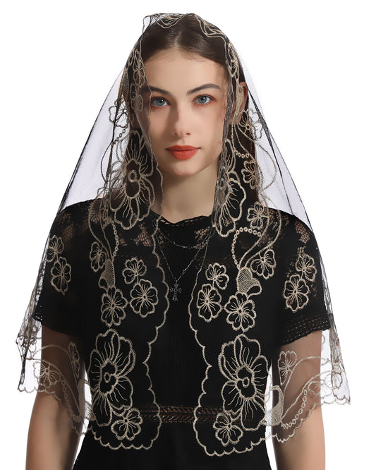 Bozidol D-shape Mantilla Church Veil - Women's Vintage Veil with Madonna and Child Embroidery
