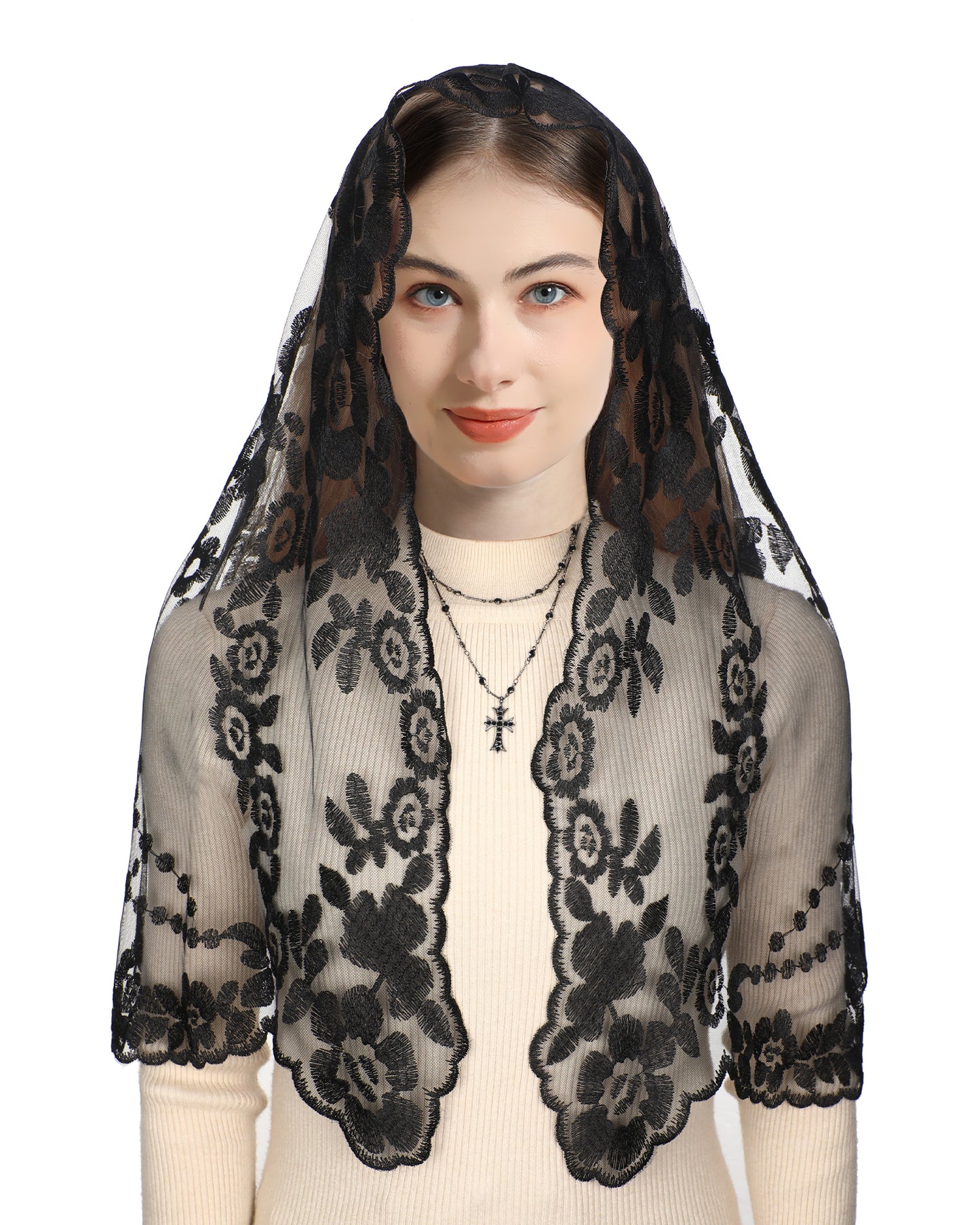 Bozidol D-Shaped Camellia Cross Veil - Christian Church D Shape Camellia Cross Embroidery Ladies Veil