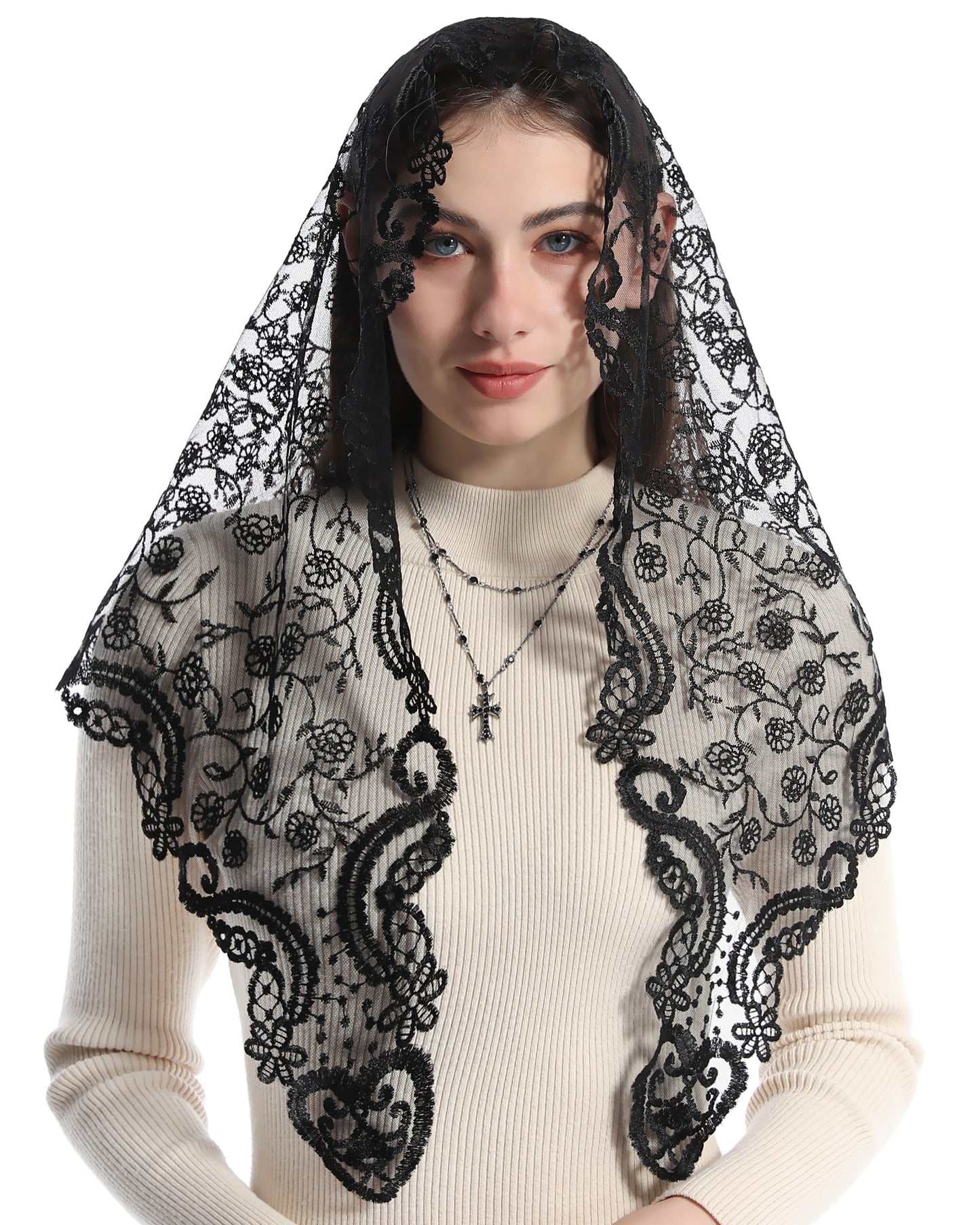 BOZIDOL Triangle Chapel Veil Spanish Lace Floral Mantilla Veils Wrap Shawl Mass Head Covering For Women