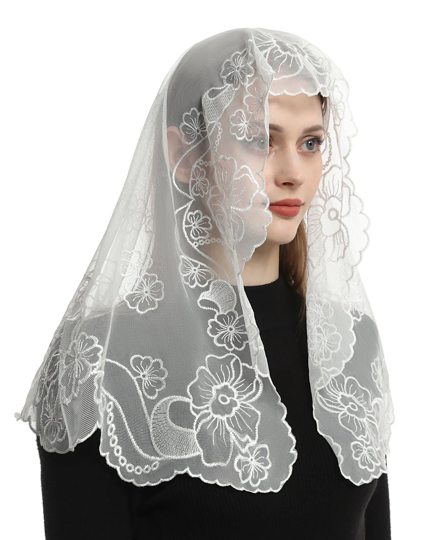 Bozidol Church Veil Lace Mantilla - D Shape Virgin Mary Embroidery Head Covering Spanish Catholic Mass Veil for Women
