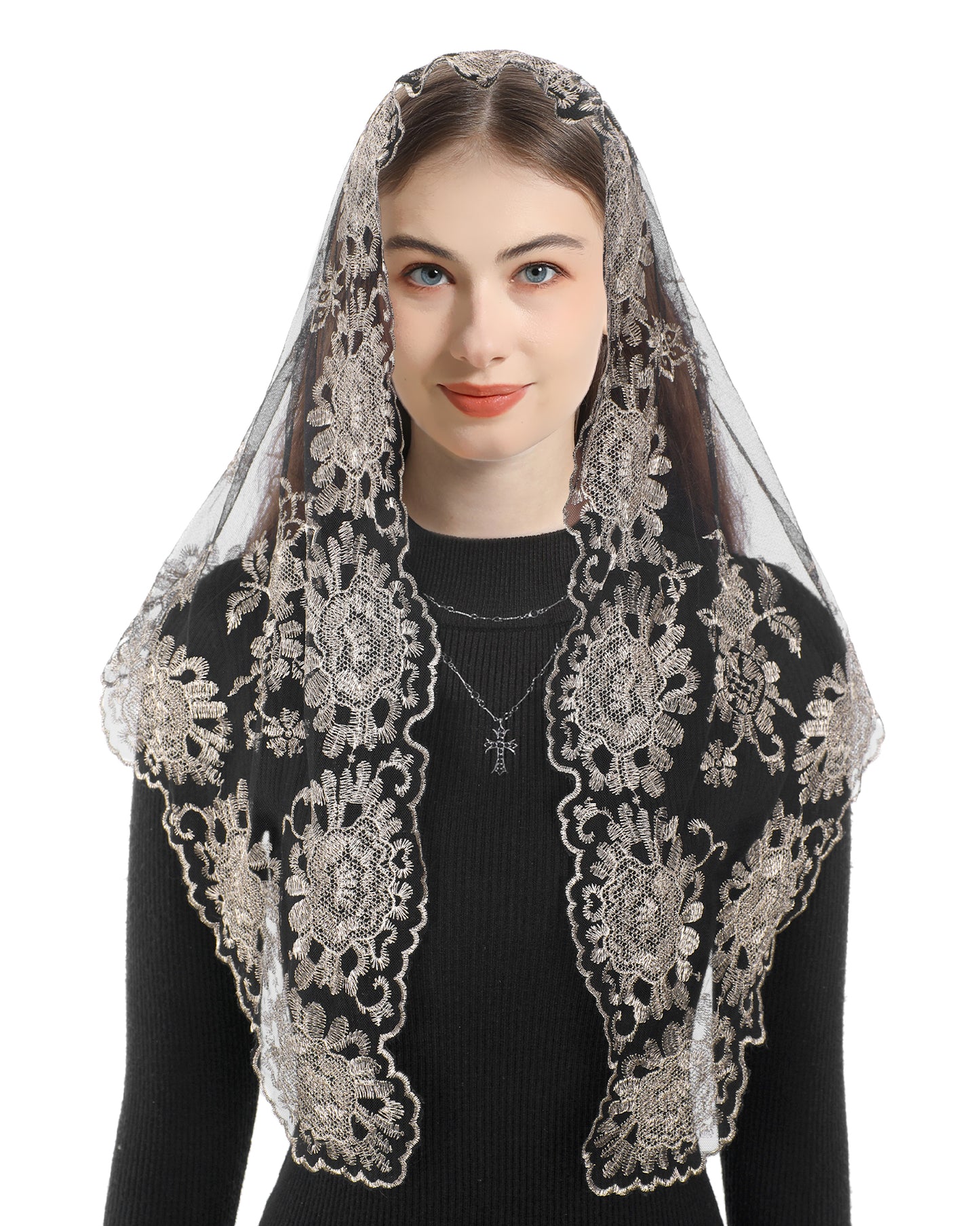 Bozidol Embroidered Church Triangle Veil - Embroidered Shepherds Bouquet Combined With Catholic Church Triangle Lace Veil