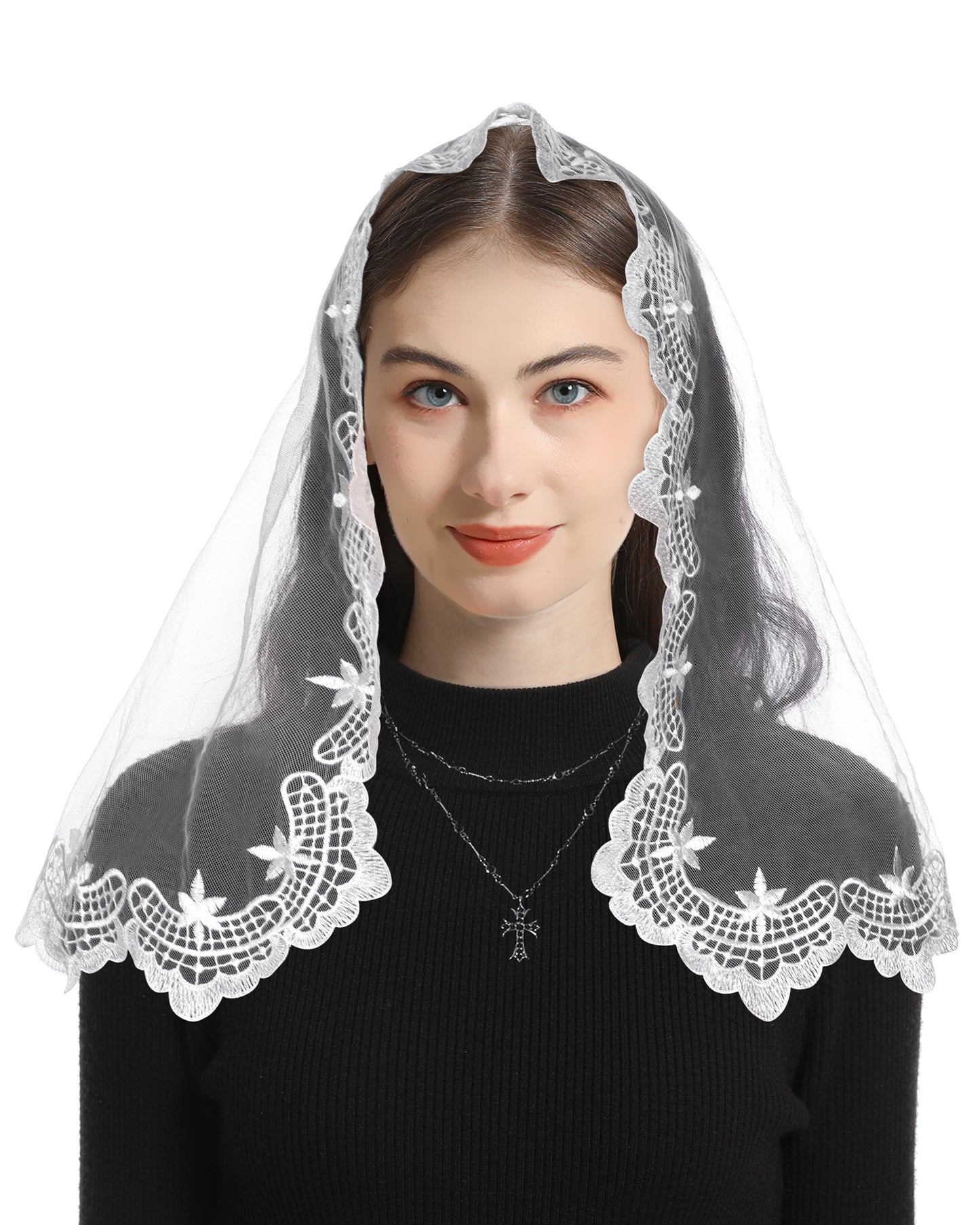 Bozidol Chapel Veils Catholic Mass Mantilla - Virgin and Child Embroidery Lace Triangle Head Coverings Floral Church Veil White