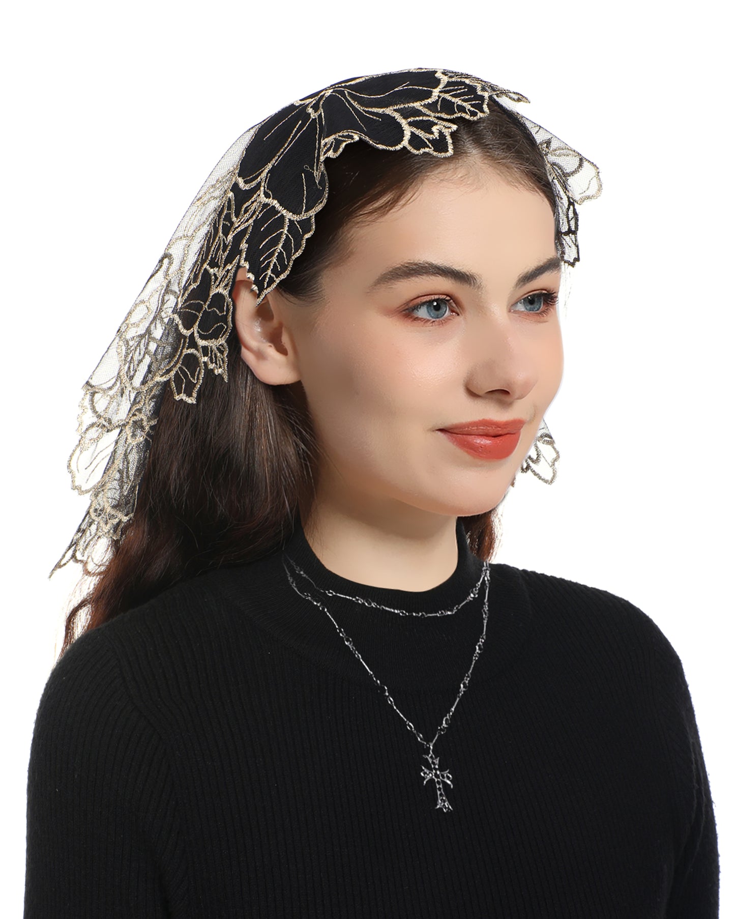 Bozidol Women Chapel Veils Mantilla - Church Veils Cross Embroidery Lace Round Shaped Head Coverings for Baptism (Blcak Gold)