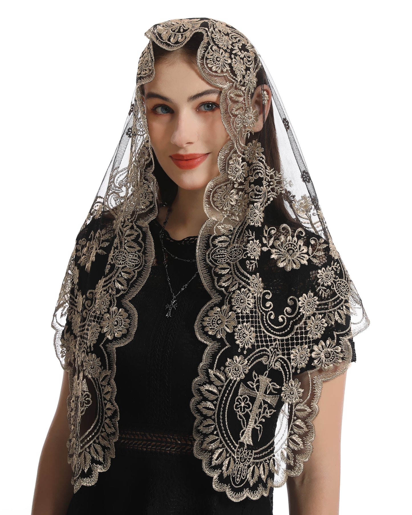 Bozidol Traditional Triangular church veil - Spanish Style with Holy Grail Embroidery Lace Mantilla veil for women