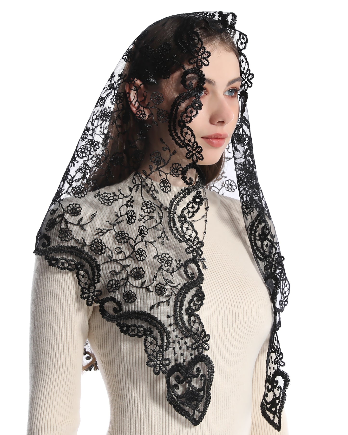 BOZIDOL Triangle Chapel Veil Spanish Lace Floral Mantilla Veils Wrap Shawl Mass Head Covering For Women