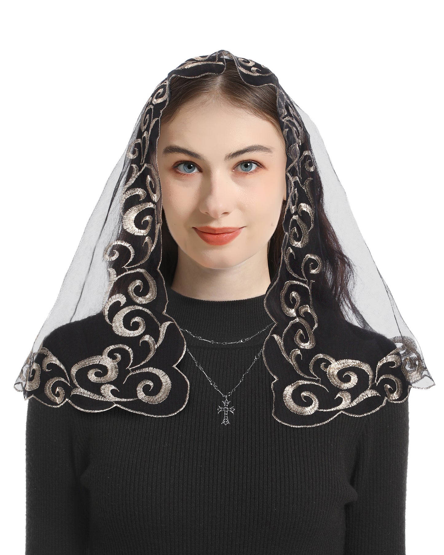 Bozidol Church Veil Catholic Mass Headband - Cross Embroidery Lace D Shape Headpiece Floral Church Veil