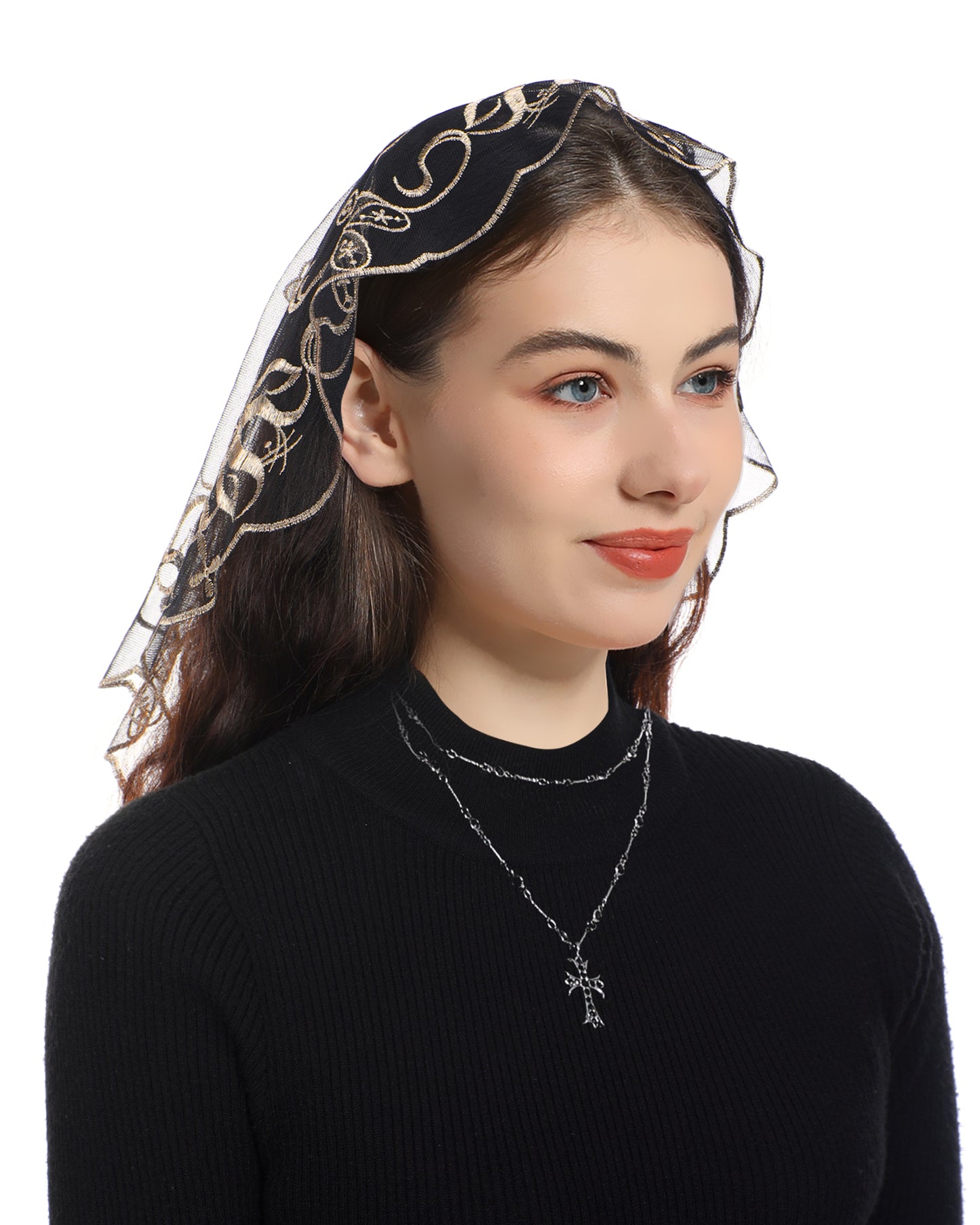 Bozidol Women Chapel Veils Mantilla - Church Veils Cross Embroidery Lace Round Shaped Head Coverings for Baptism (Blcak Gold)