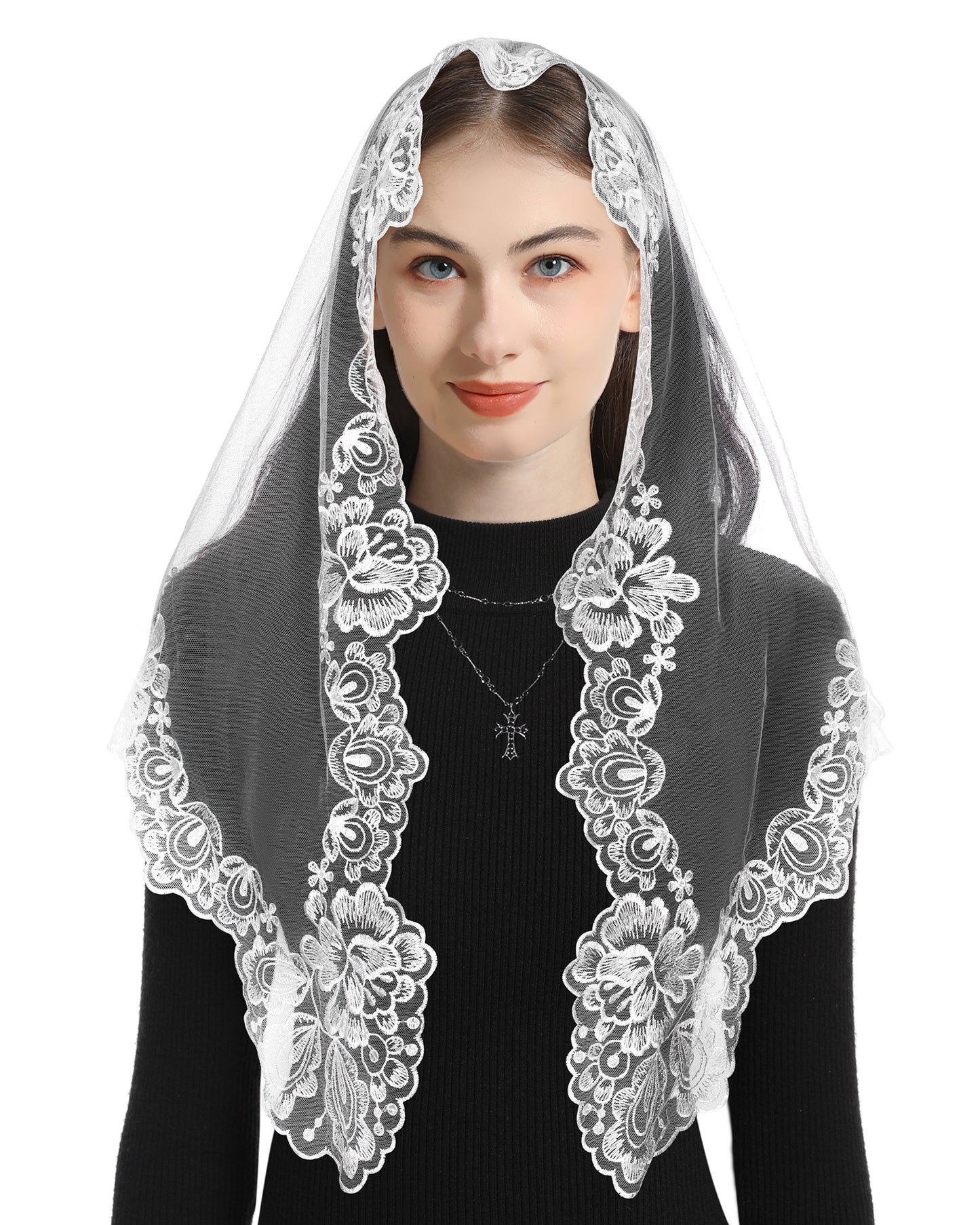 Bozidol Church Veil Triangular Mantilla - Cross Chalice Embroidered Vintage Catholic Mass Veil for Women