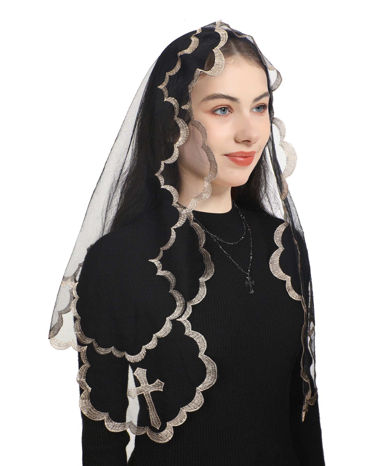 Bozidol Triangular Madonna Cross Women's Veil - Christian Church San Juan De Los Lagos Our Lady of the Cross Embroidered Triangular Lace Veil for Women