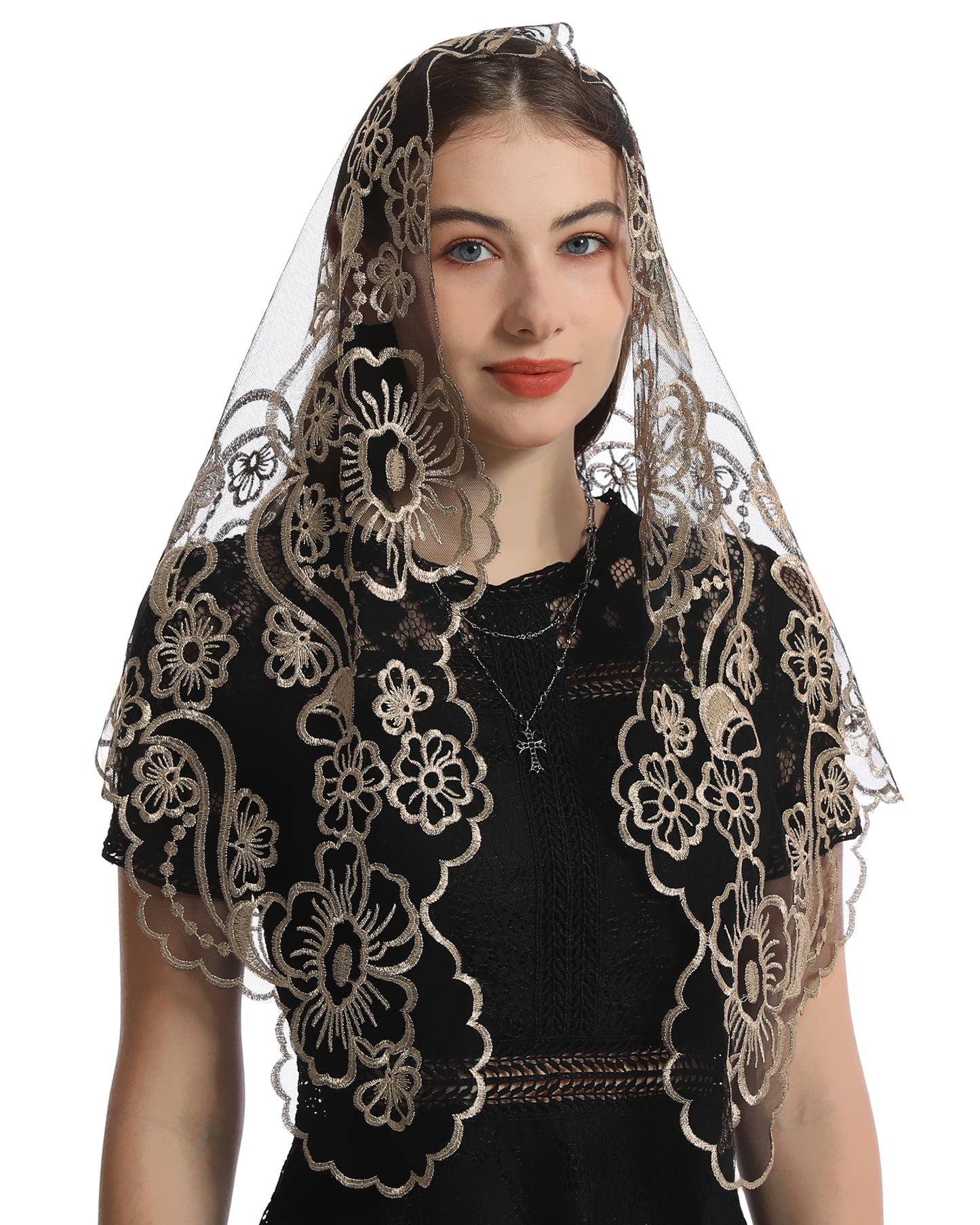 Bozidol Lace Triangle Church Veil - Madonna Camellia Embroidered Head Covering Chapel Veil for women