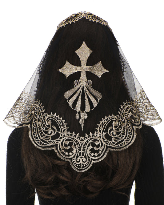 Bozidol Church Ladies Triangle Veil - Cross Shell Embroidery Holy Catholic Ladies Veil