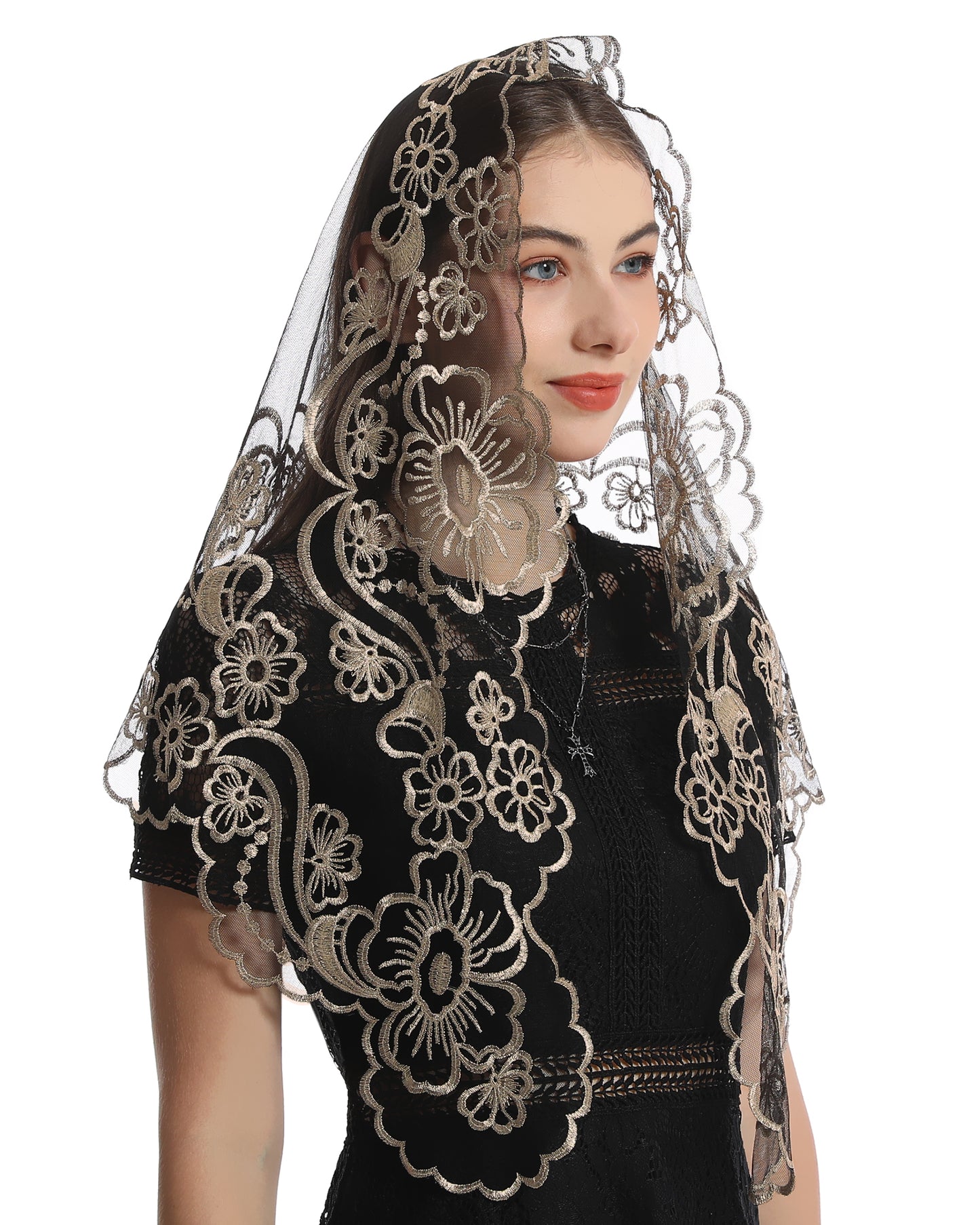 Bozidol Lace Triangle Church Veil - Madonna Camellia Embroidered Head Covering Chapel Veil for women