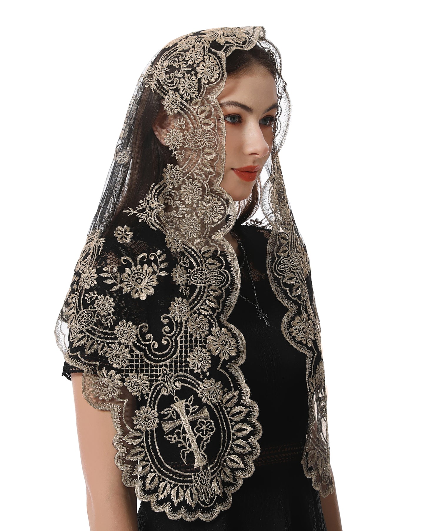 Bozidol Traditional Triangular church veil - Spanish Style with Holy Grail Embroidery Lace Mantilla veil for women