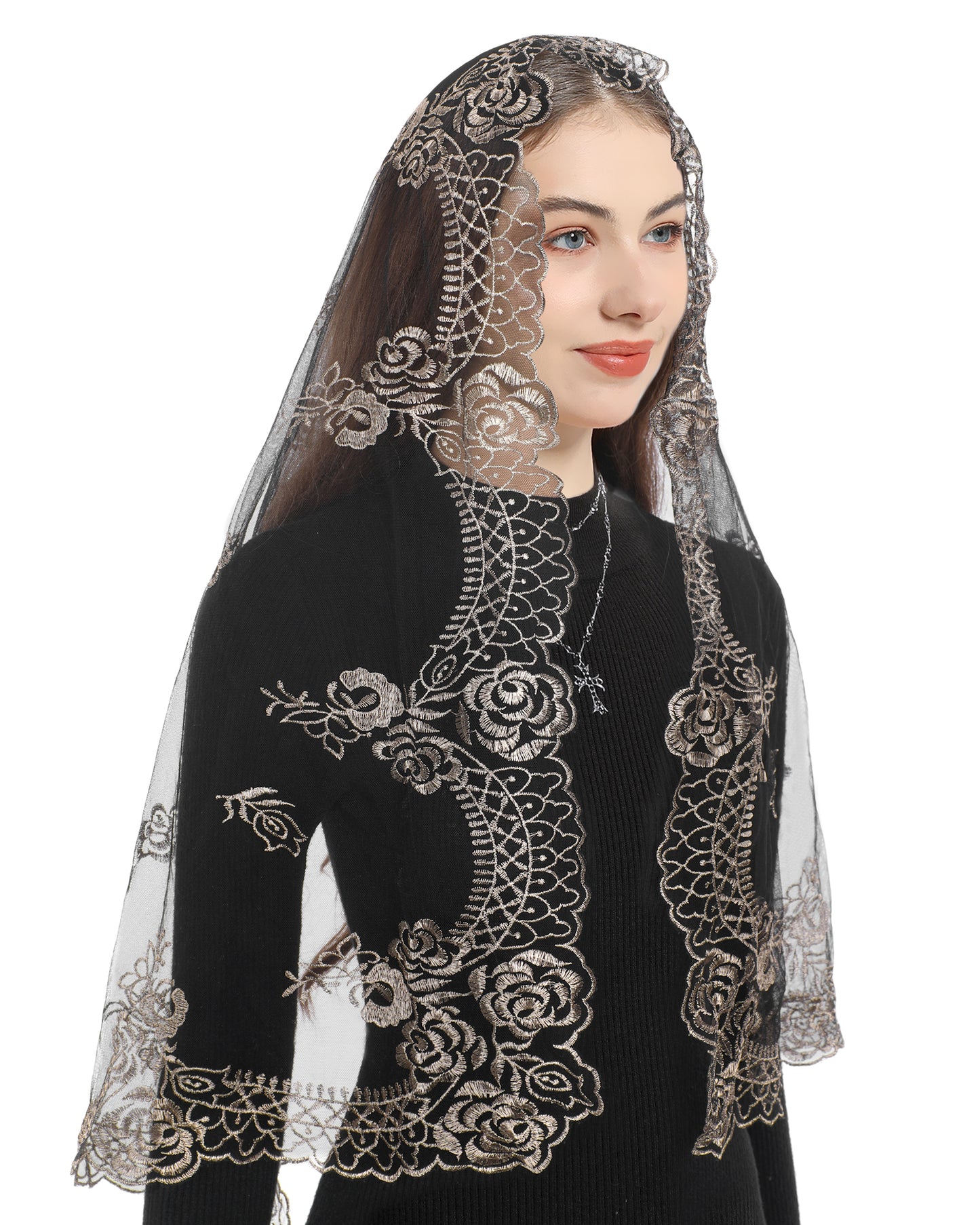 Bozidol Rectangular Embroidered Church Veil - Catholic Headgear Rectangular Embroidered with Our Lady of the Rosary Veil