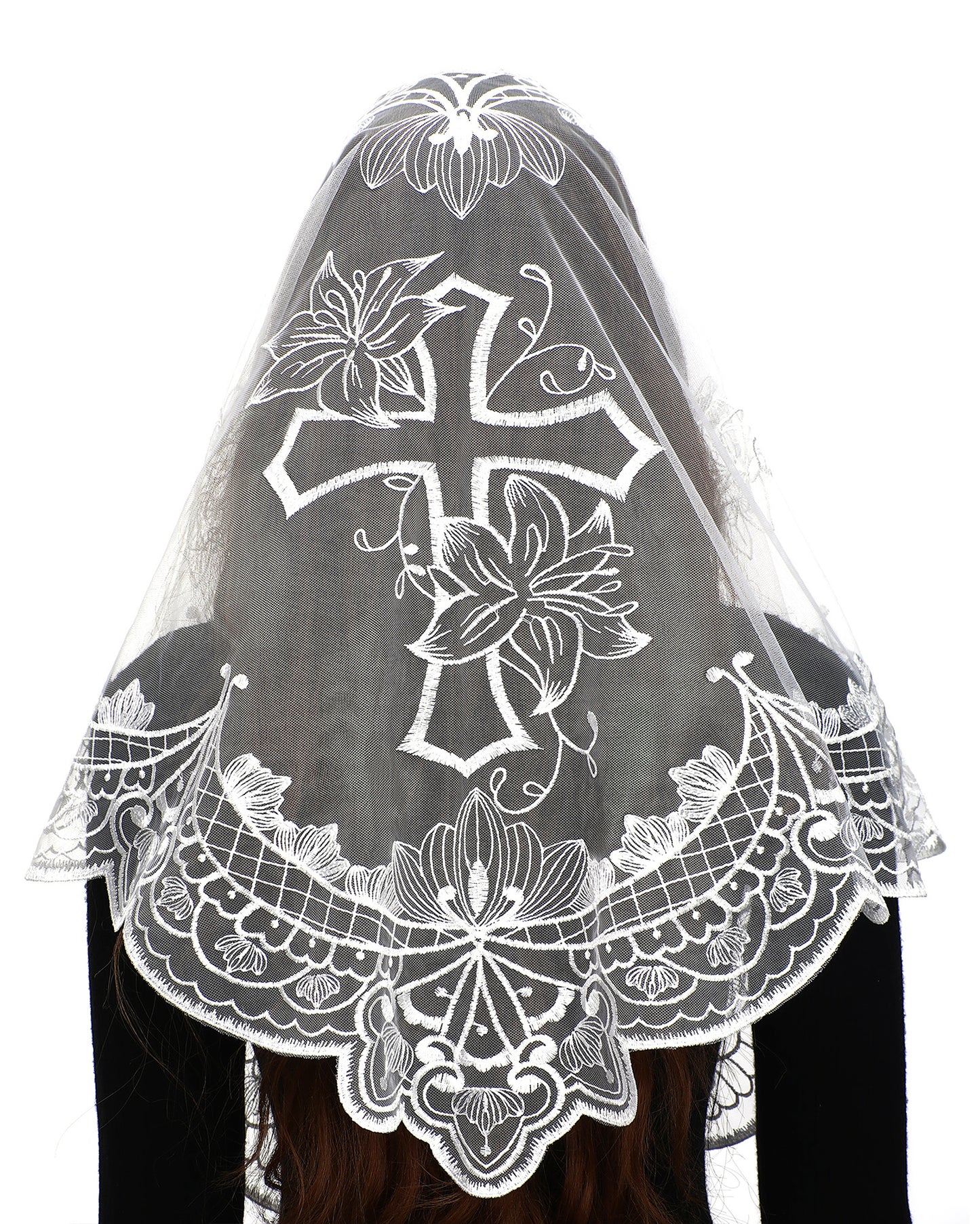 BOZIDOL White Triangle Veil -Lace Mantilla Catholic Church Chapel Veil Head Covering Latin Mass For Women