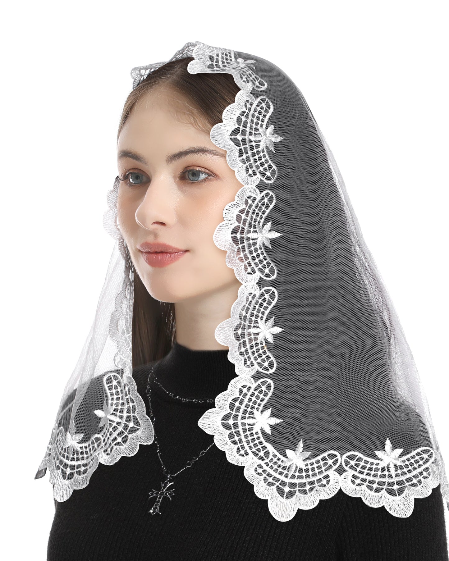 Bozidol Chapel Veils Catholic Mass Mantilla - Virgin and Child Embroidery Lace Triangle Head Coverings Floral Church Veil White