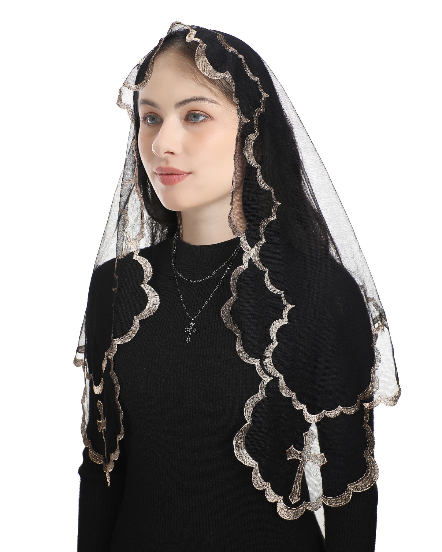 Bozidol Triangular Madonna Cross Women's Veil - Christian Church San Juan De Los Lagos Our Lady of the Cross Embroidered Triangular Lace Veil for Women