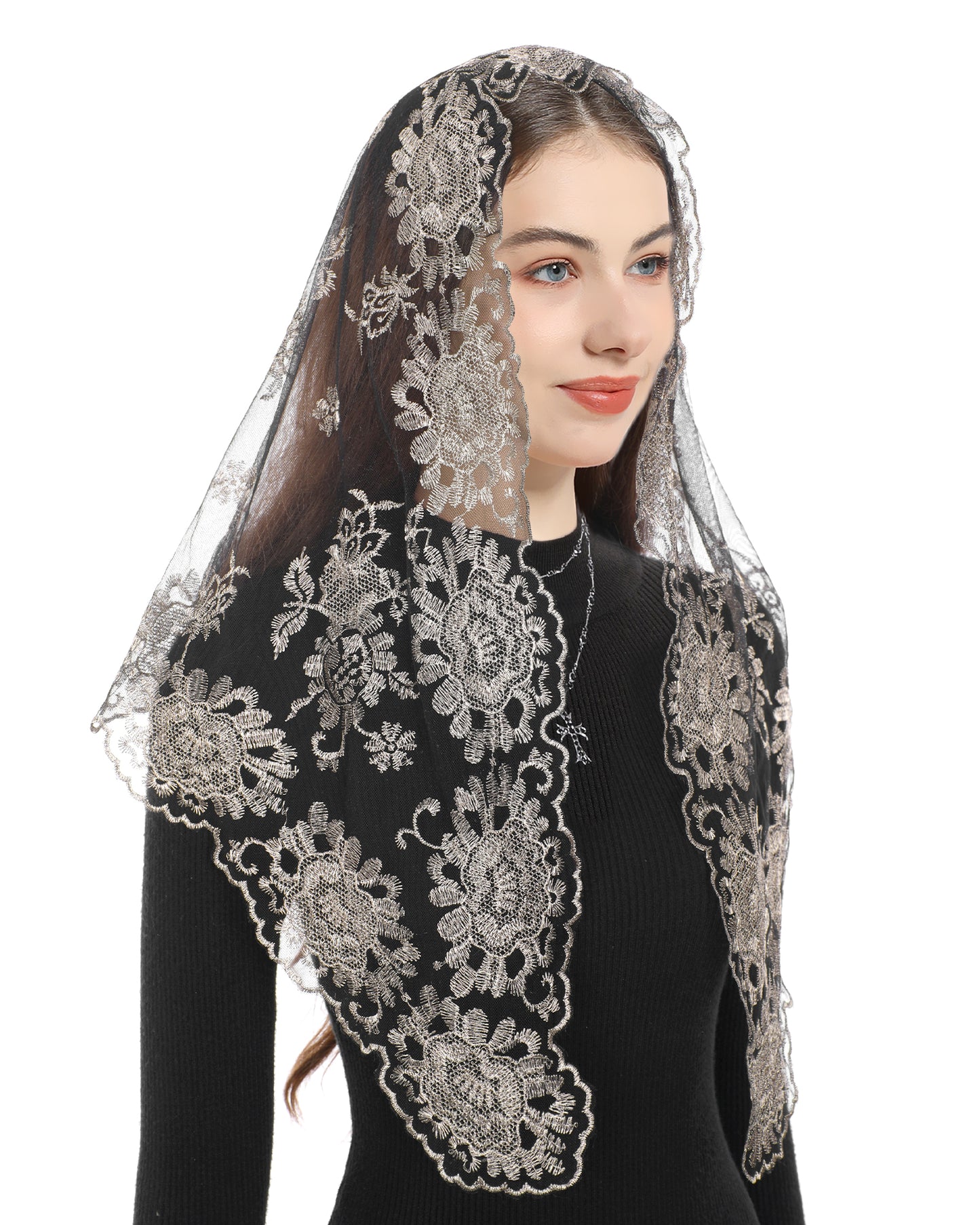 Bozidol Embroidered Church Triangle Veil - Embroidered Shepherds Bouquet Combined With Catholic Church Triangle Lace Veil