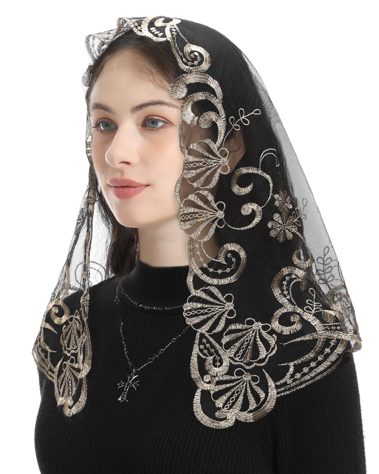 Bozidol Cross Religious Lace Veil- Catholic Embroidered Cross and Shell Creative Design Religious Ladies Prayer Lace D Shape Veil