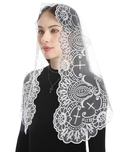 Bozidol Cross Religious Lace Veil Catholic Embroidered Cross and Shell Creative Design Religious Ladies Prayer Lace Veil