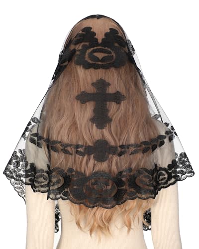 Bozidol Cross Religious Lace Veil Catholic Embroidered Cross and Shell Creative Design Religious Ladies Prayer Lace Veil