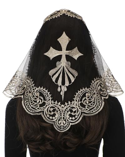 Bozidol Cross Religious Lace Veil Catholic Embroidered Cross and Shell Creative Design Religious Ladies Prayer Lace Veil