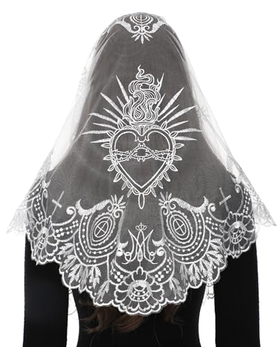 Bozidol Cross Religious Lace Veil Catholic Embroidered Cross and Shell Creative Design Religious Ladies Prayer Lace Veil