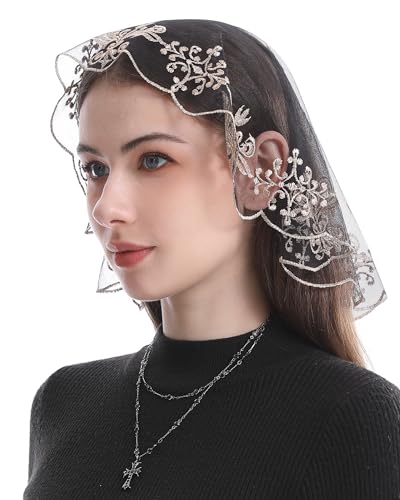 Bozidol Church Mantilla Catholic Veil Small D Shaped Embroidered Lace Chapel Veils for Women Girls Latin Mass Head Coverings