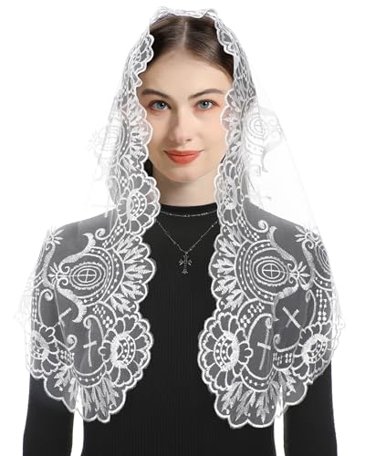 Bozidol Cross Religious Lace Veil Catholic Embroidered Cross and Shell Creative Design Religious Ladies Prayer Lace Veil