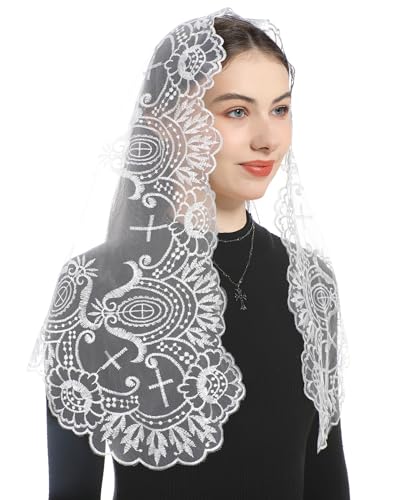 Bozidol Cross Religious Lace Veil Catholic Embroidered Cross and Shell Creative Design Religious Ladies Prayer Lace Veil