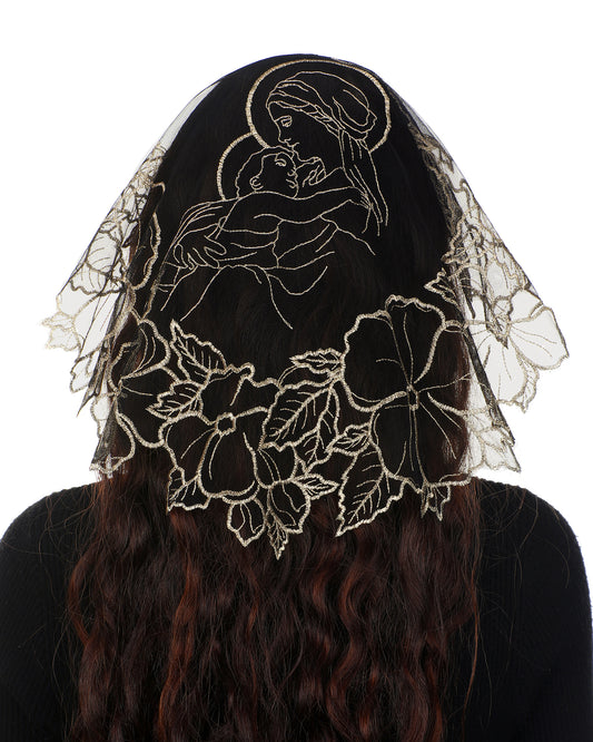 Bozidol Women Chapel Veils Mantilla - Church Veils Cross Embroidery Lace Round Shaped Head Coverings for Baptism (Blcak Gold)