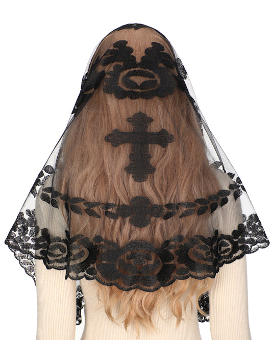 Bozidol D-Shaped Camellia Cross Veil - Christian Church D Shape Camellia Cross Embroidery Ladies Veil